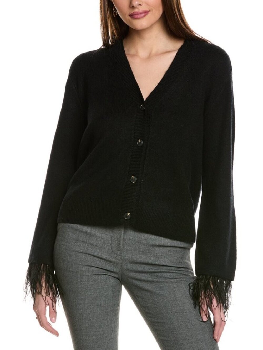 Vince Camuto Faux-Feather Trim V-Neck Cardigan - Picture 7 of 7